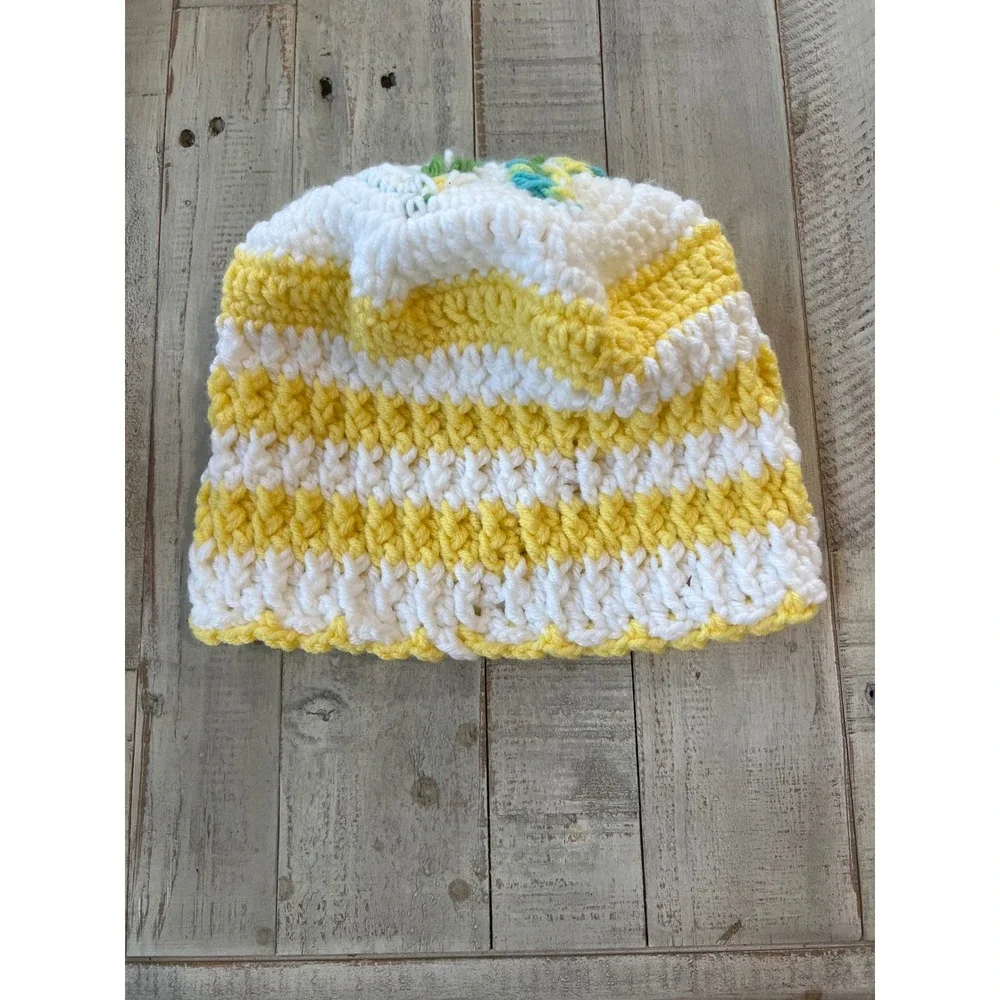 Handmade Crochet Striped Beanie Yellow White Floral Accent Winter Hat Womens